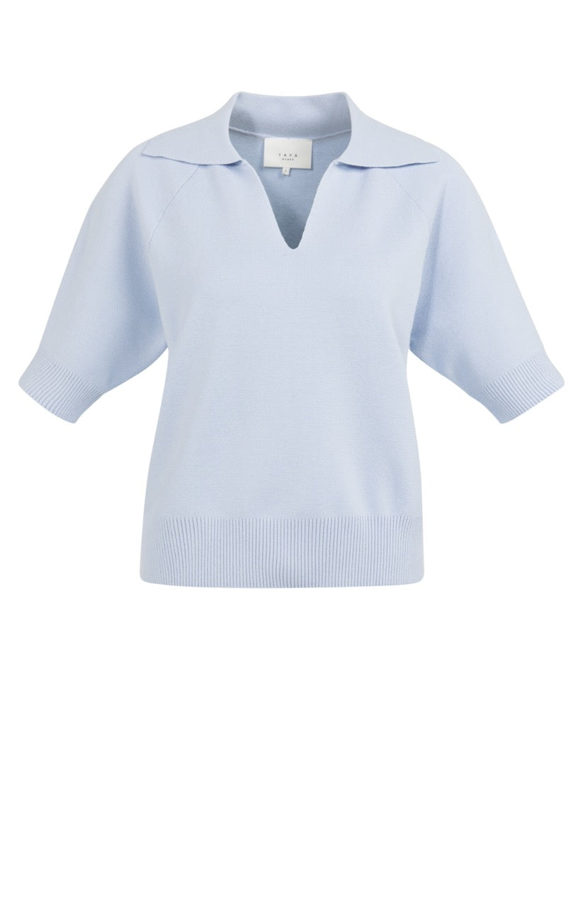 V-Neck Knitted Sweater with Collar – Gray Lilac | YAYA