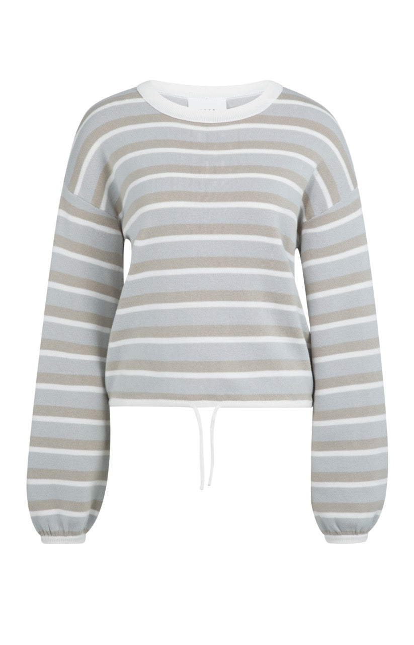 YY – Striped Sweater with Drawstring Hem in Vapor Blue Grey Dessin