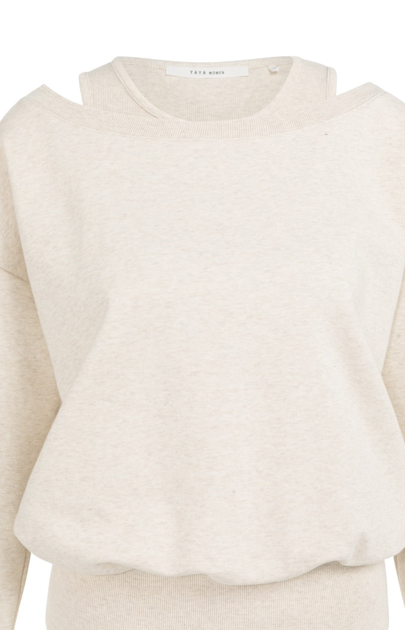 Oversized Sweatshirt with Layered Neckline – Ecru Melange | YAYA
