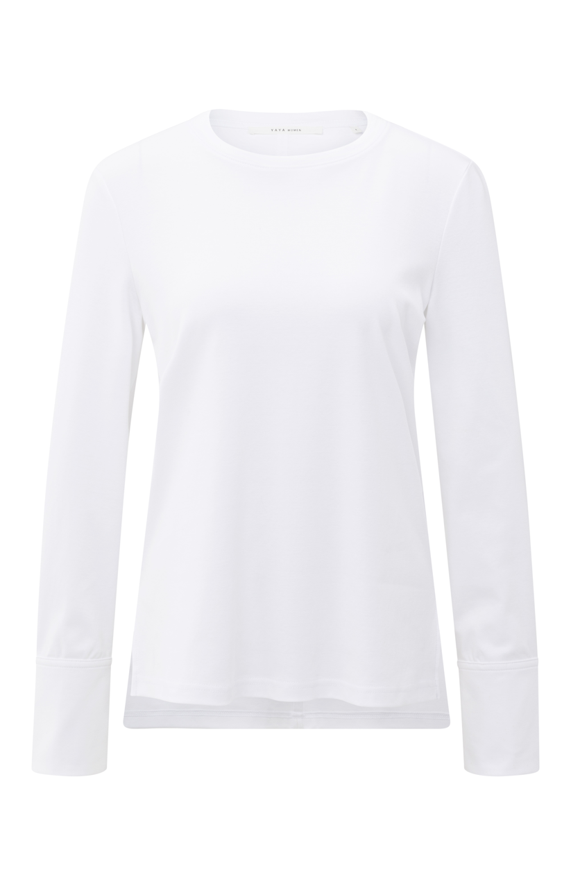 YY – Jersey Top with Long Sleeves and Woven Cuffs in Pure White