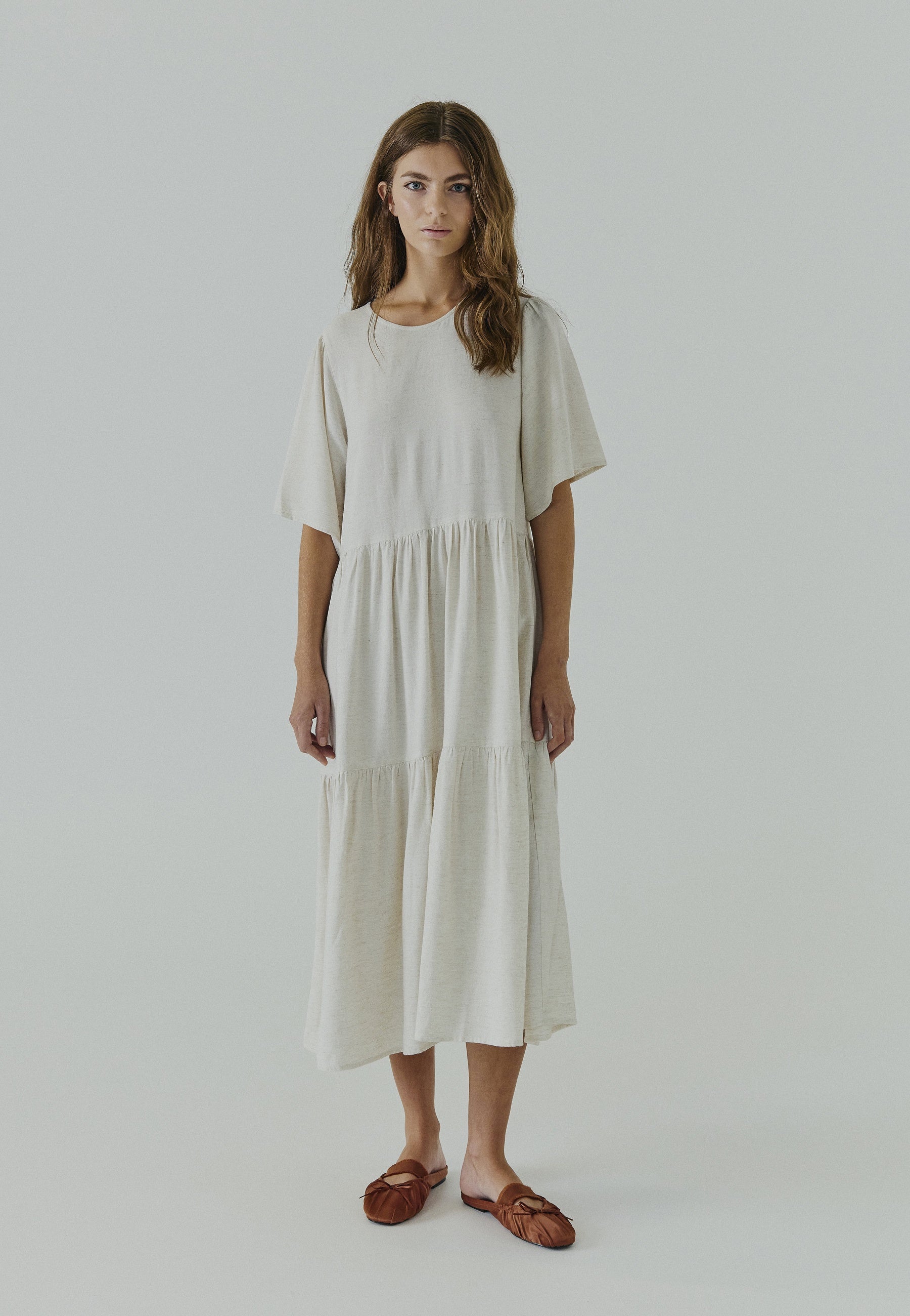 Beige Linen Blend Tiered Midi Dress – NORR