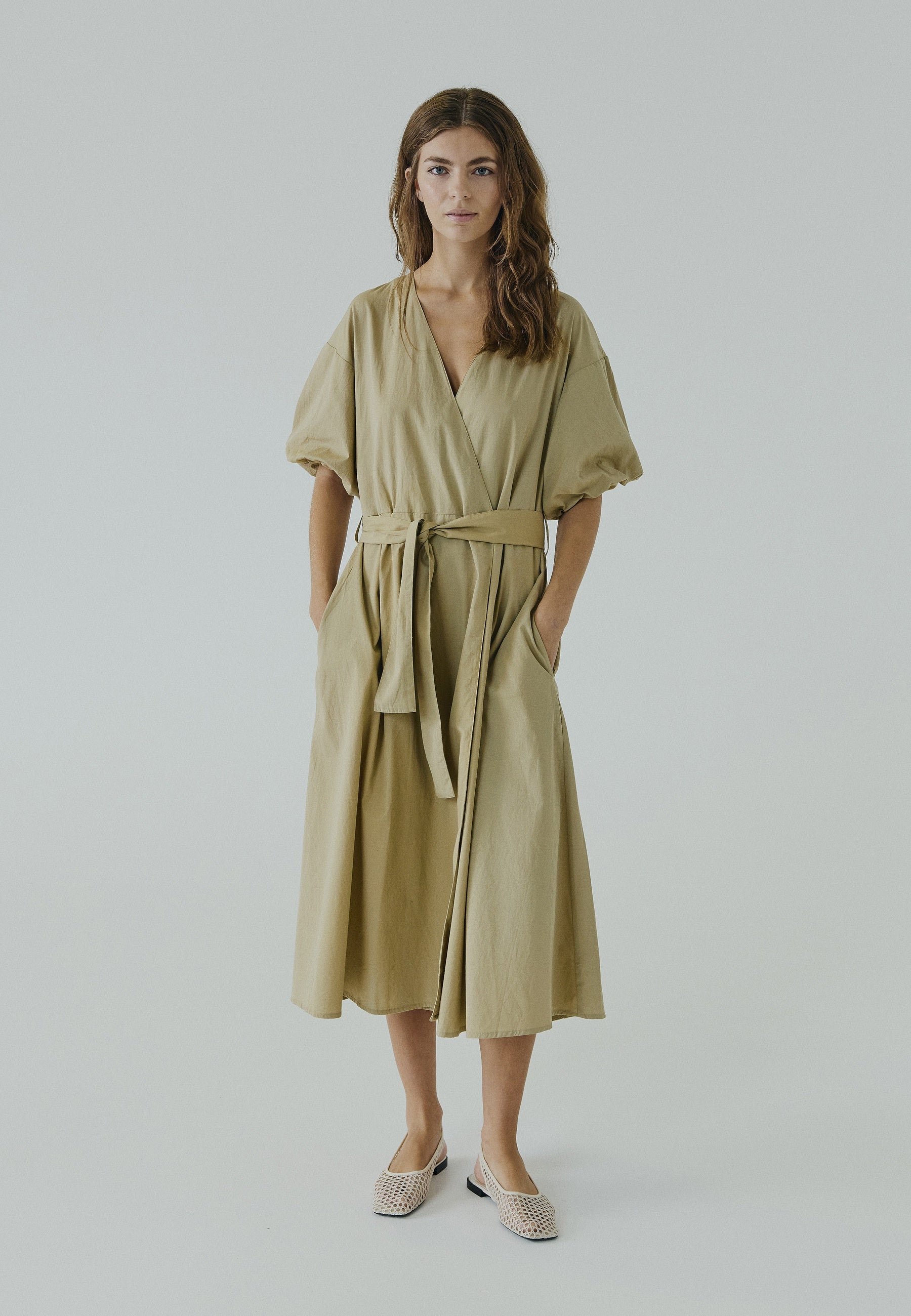 Beige Cotton Wrap Midi Dress – NORR