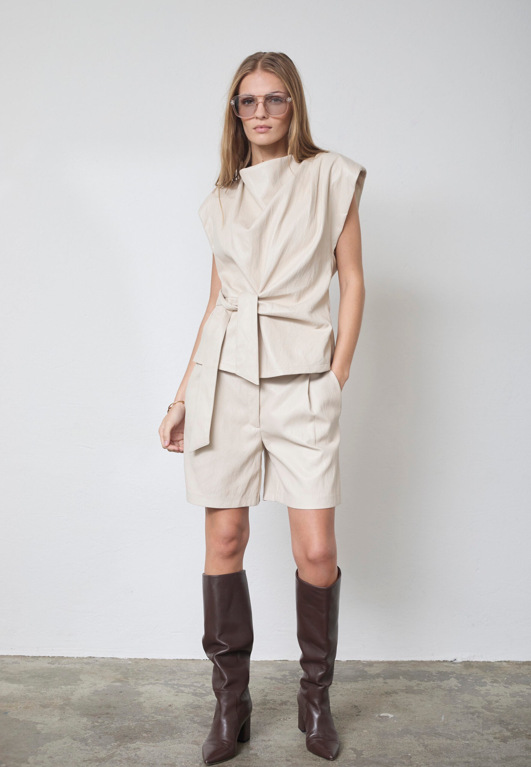 Pleated Faux Leather Top – Bone | Co'Couture