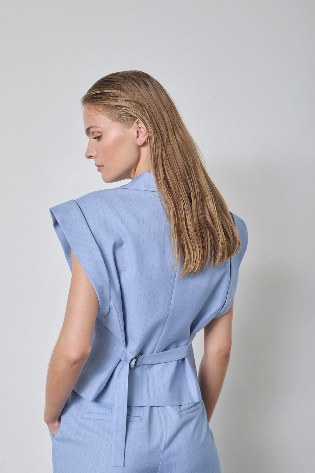 Pinstripe Tailored Waistcoat – Pale Blue | Co'Couture