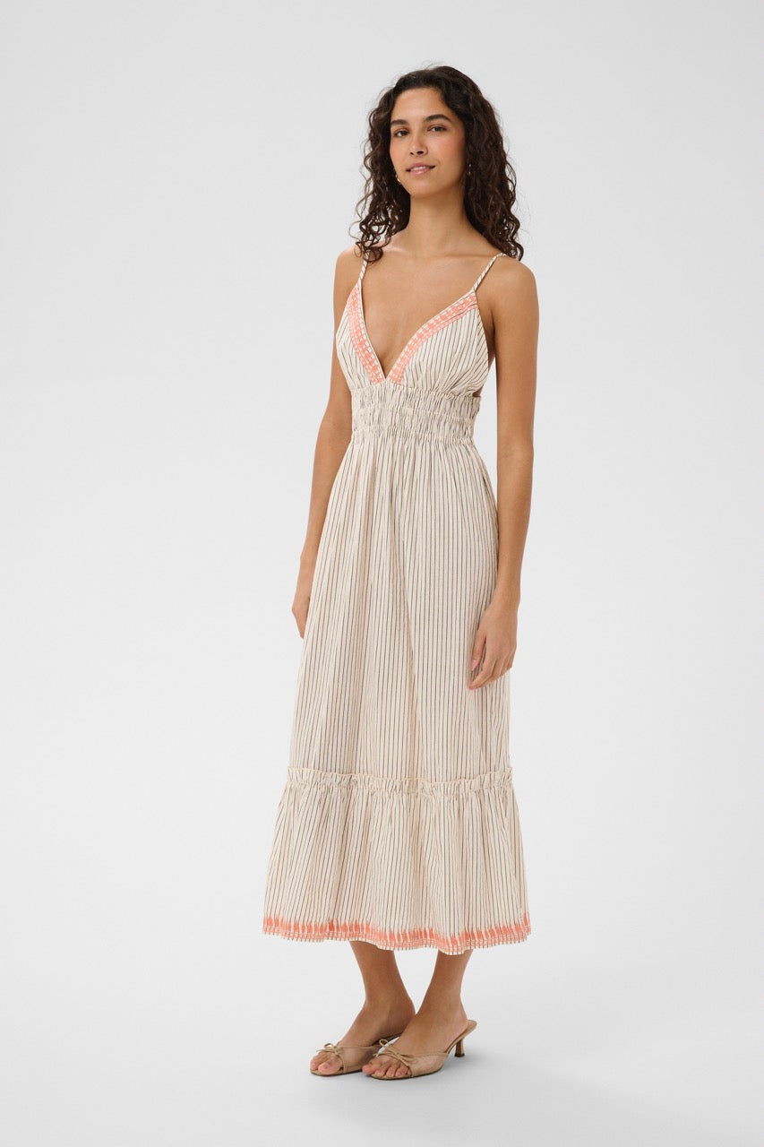 Revelina V-Neck Stripe Midi Dress, Turtledove - SAINT TROPEZ