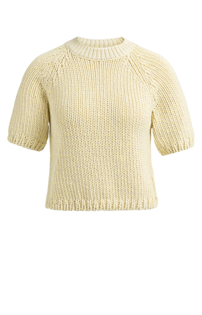 YY – Chunky Knit Sweater with Short Sleeves and Round Neck in Reed Yellow Dessin
