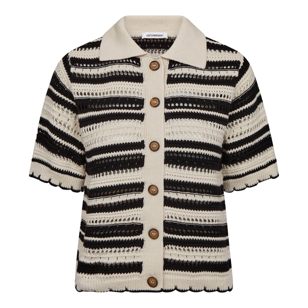 OdetteCC – Stripe Short Sleeve Cardigan in Off White & Black