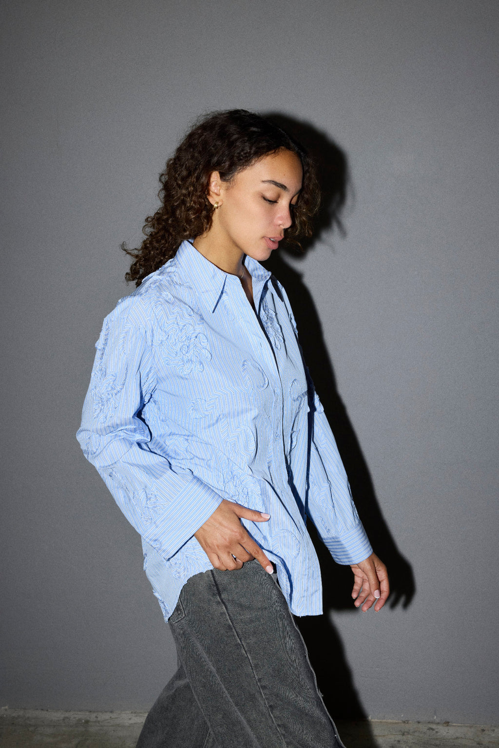 Stripe Flower Shirt in Pale Blue - XavierCC