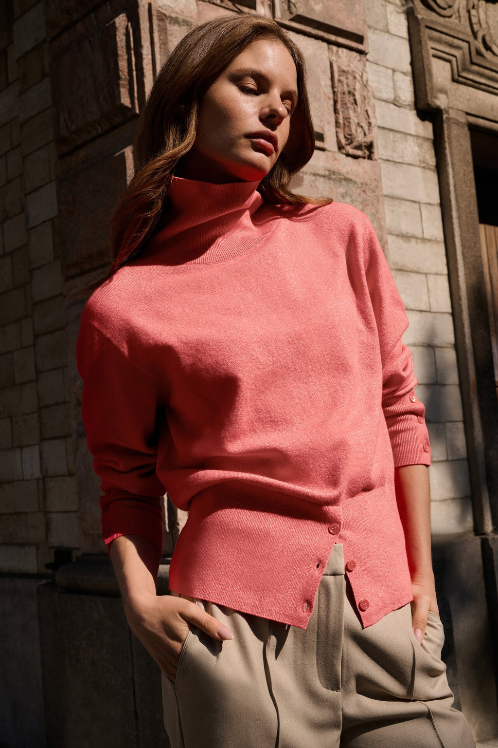 High Neck Knitted Sweater with Button Details