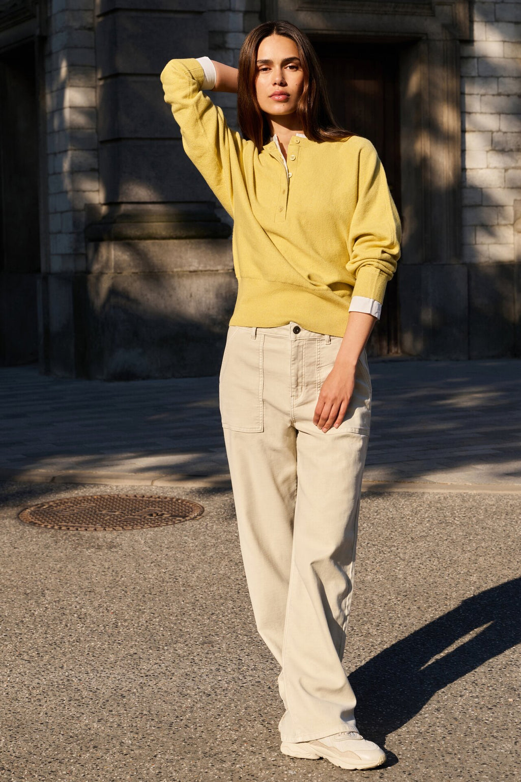 Sweater with Inserted Blouse Collar & Button Detail