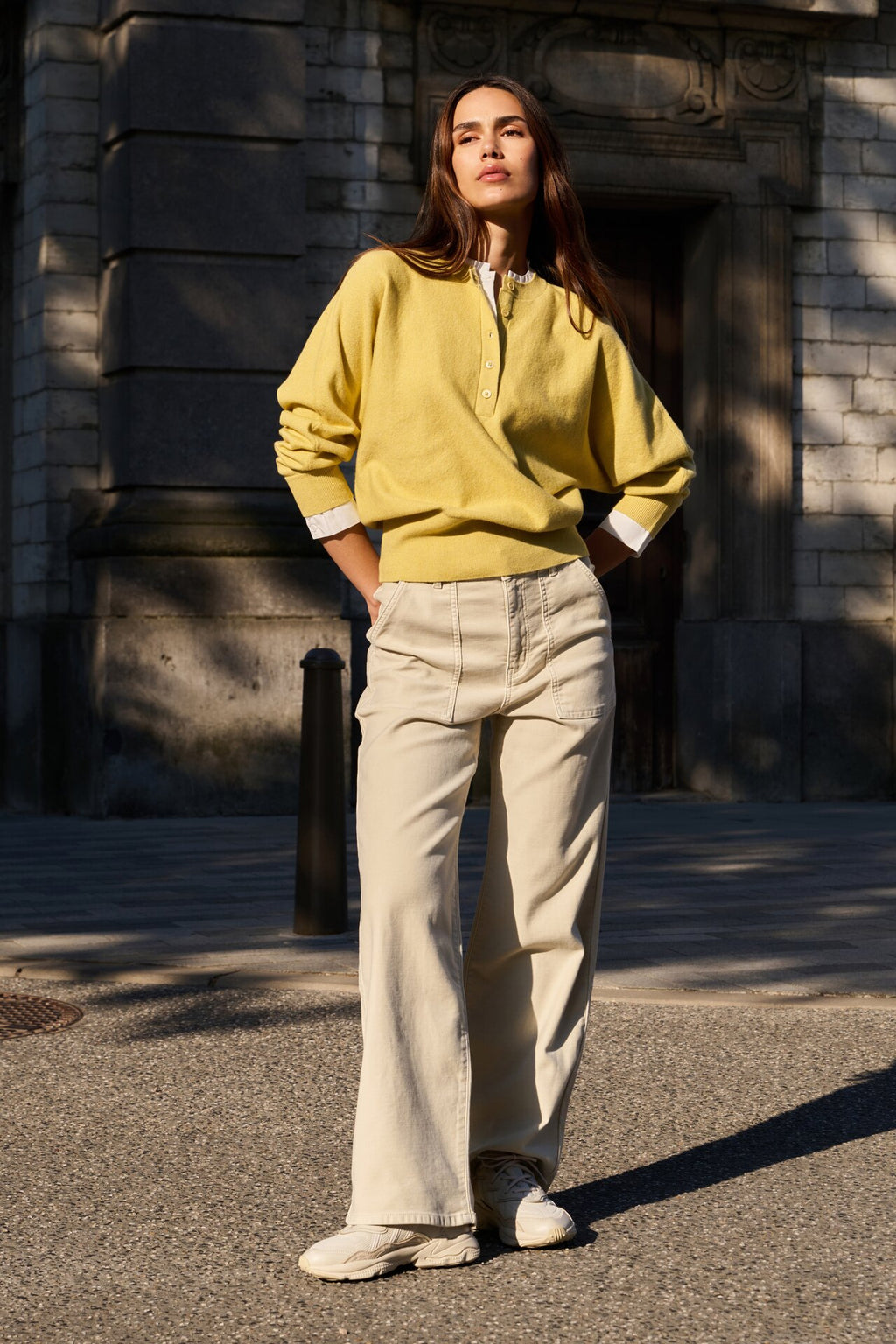 Sweater with Inserted Blouse Collar & Button Detail