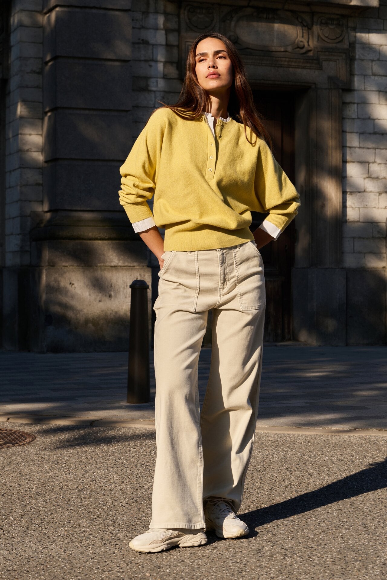 Sweater with Inserted Blouse Collar & Button Detail