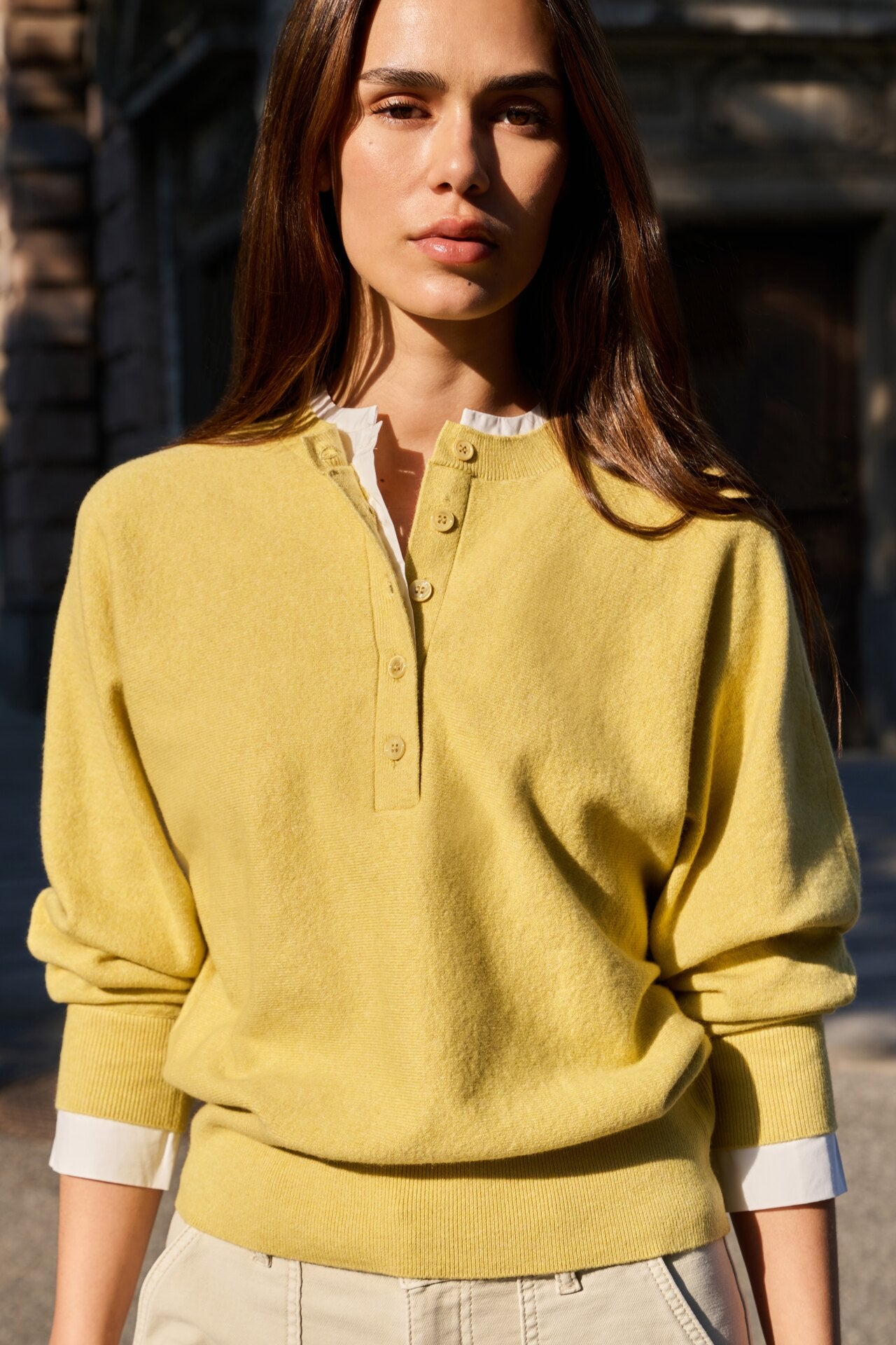 Sweater with Inserted Blouse Collar & Button Detail