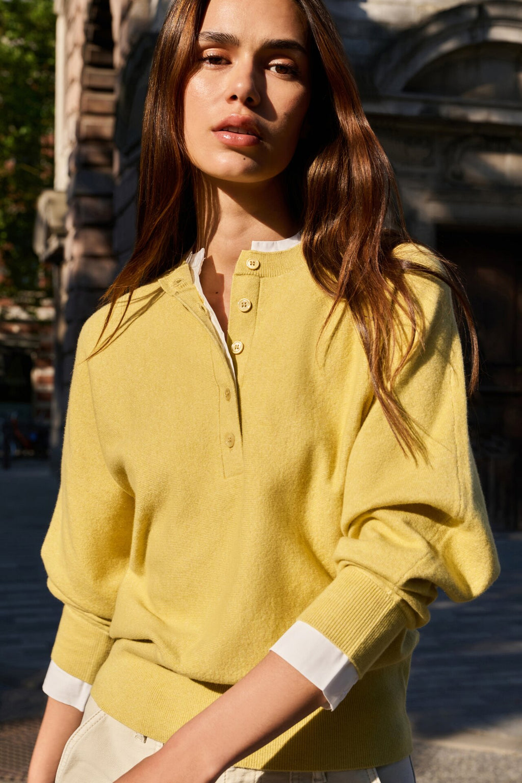 Sweater with Inserted Blouse Collar & Button Detail
