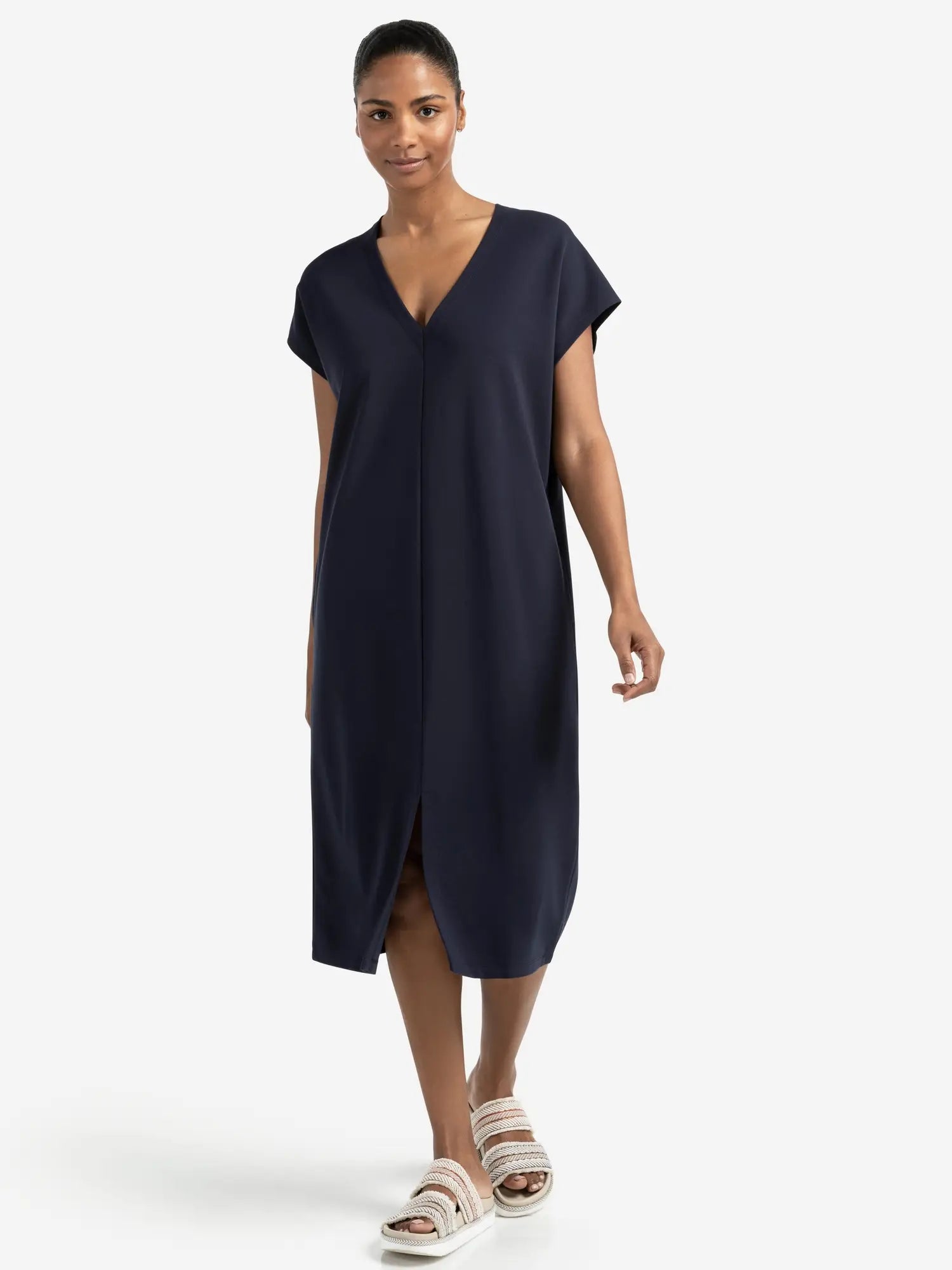Sleeveless Dress with Double V-neck and Front Slit, Blue – YAYA