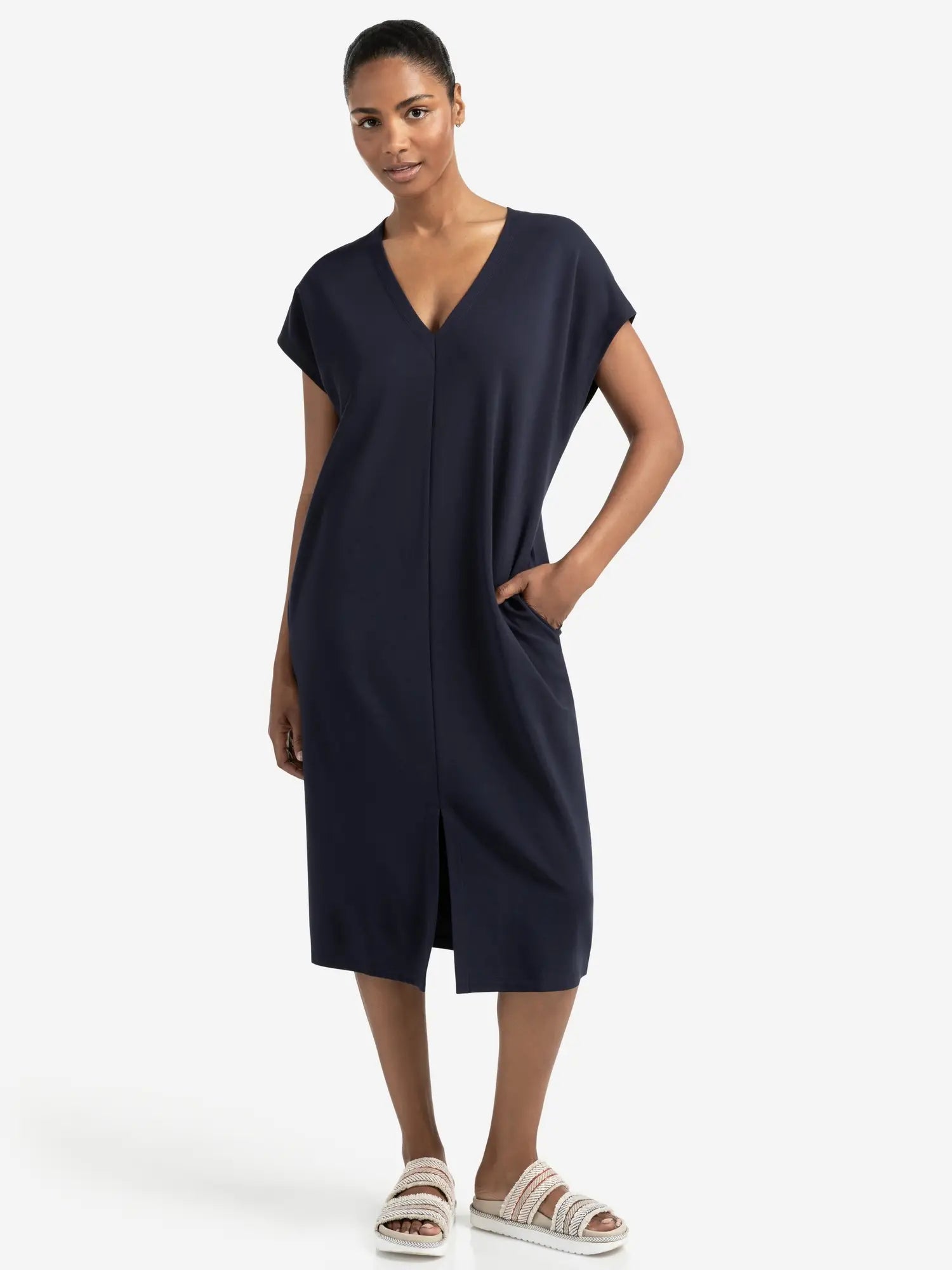 Sleeveless Dress with Double V-neck and Front Slit, Blue – YAYA