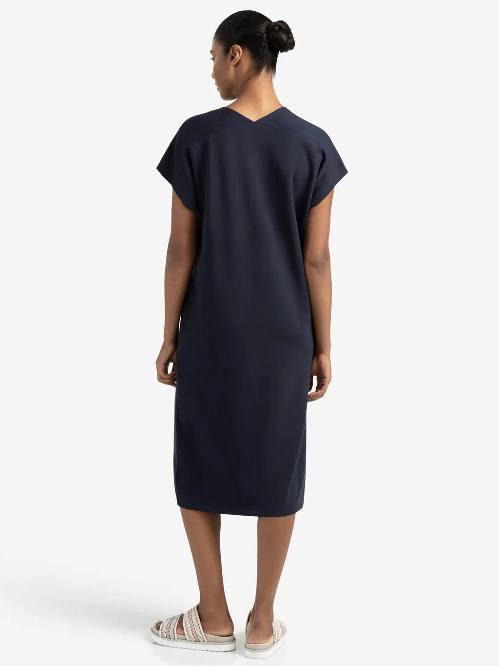Sleeveless Dress with Double V-neck and Front Slit, Blue – YAYA
