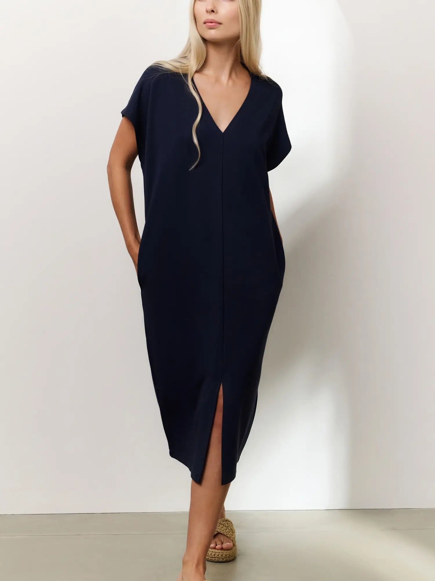 Sleeveless Dress with Double V-neck and Front Slit, Blue – YAYA