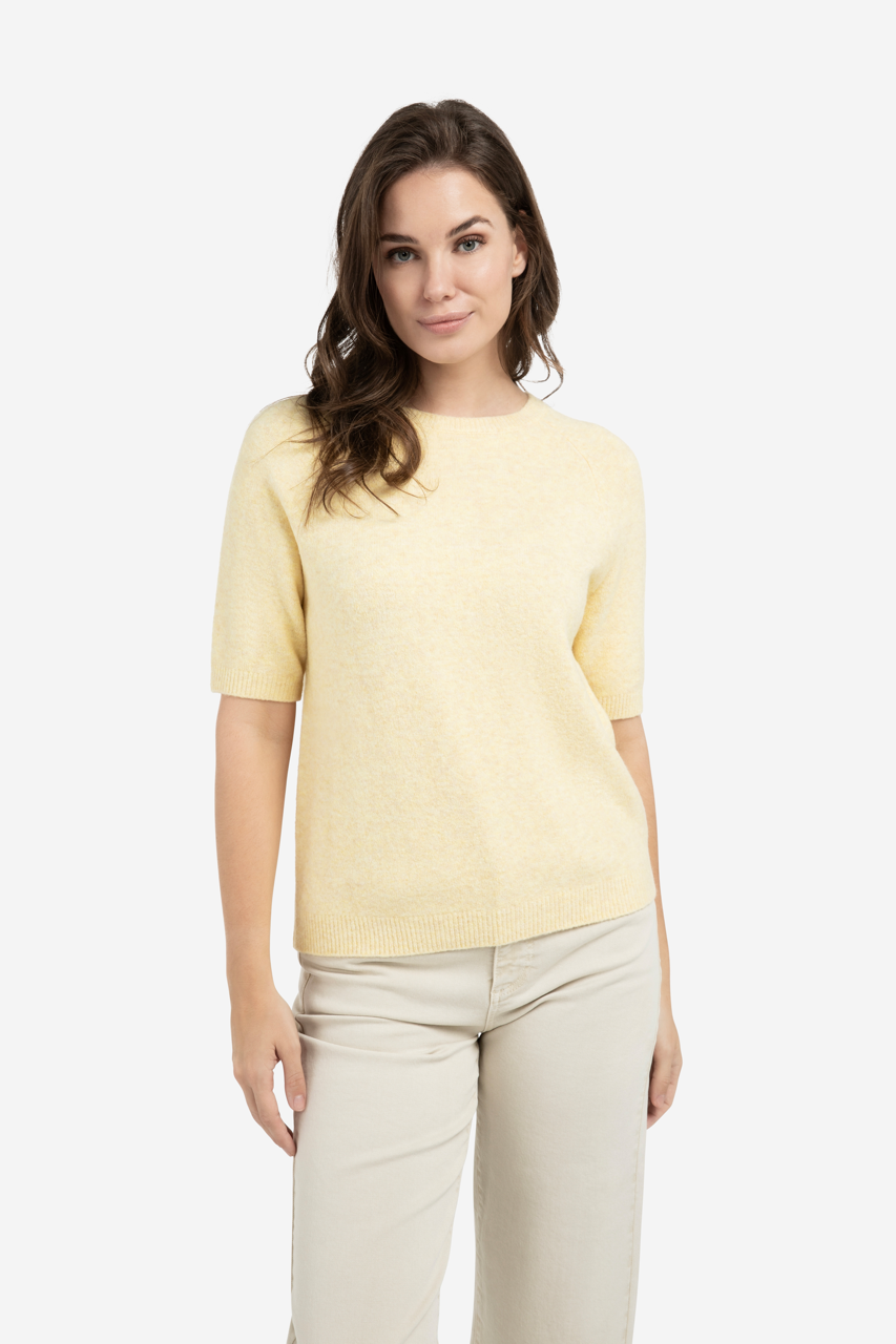 YY_Soft Sweater with Short Sleeves and Round Neckline in Reed Yellow Melange / UK size approx. /