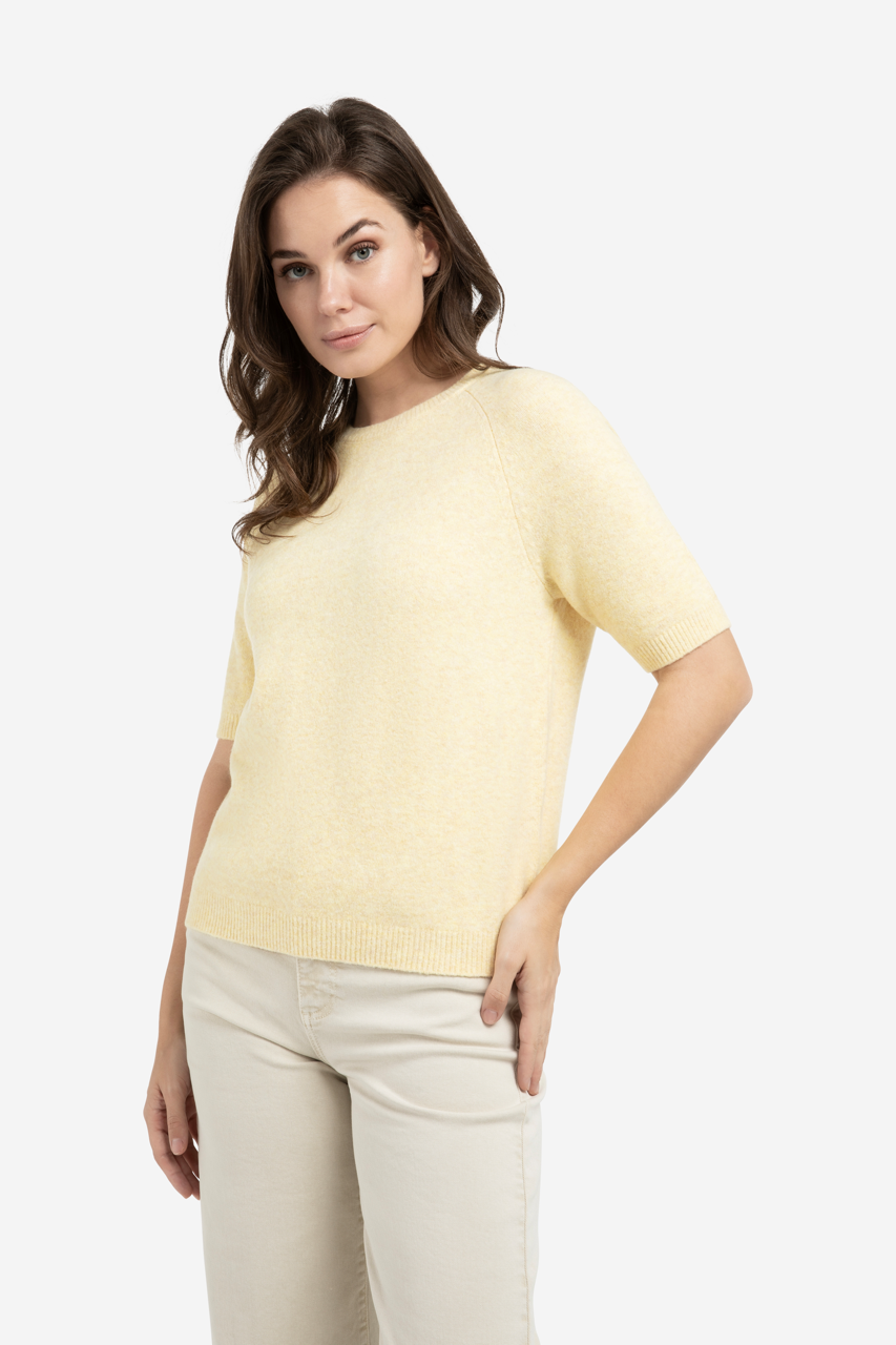 YY_Soft Sweater with Short Sleeves and Round Neckline in Reed Yellow Melange / UK size approx. /