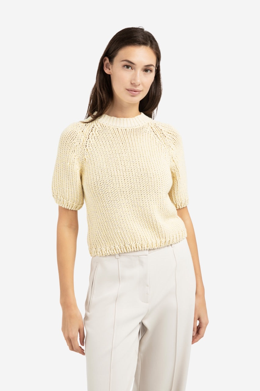 YY – Chunky Knit Sweater with Short Sleeves and Round Neck in Reed Yellow Dessin