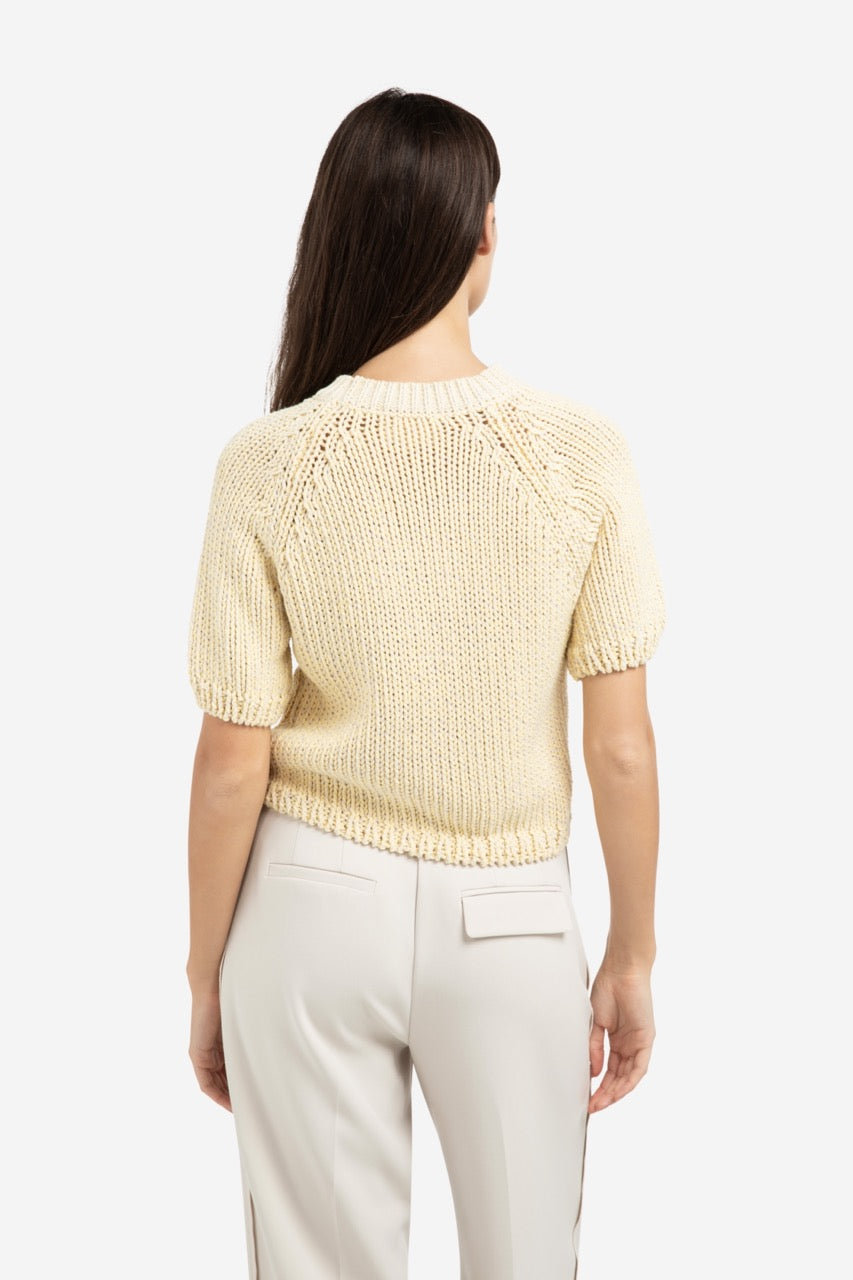 YY – Chunky Knit Sweater with Short Sleeves and Round Neck in Reed Yellow Dessin