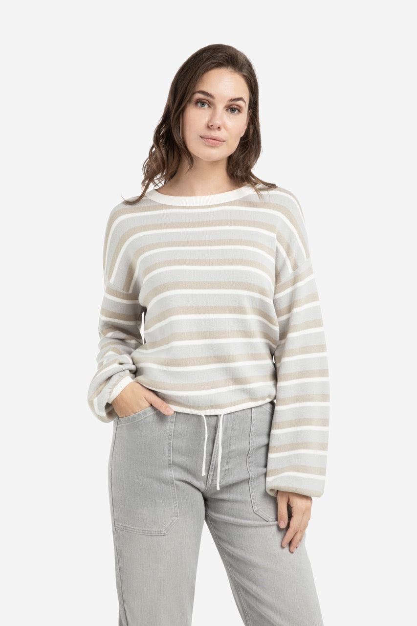YY – Striped Sweater with Drawstring Hem in Vapor Blue Grey Dessin