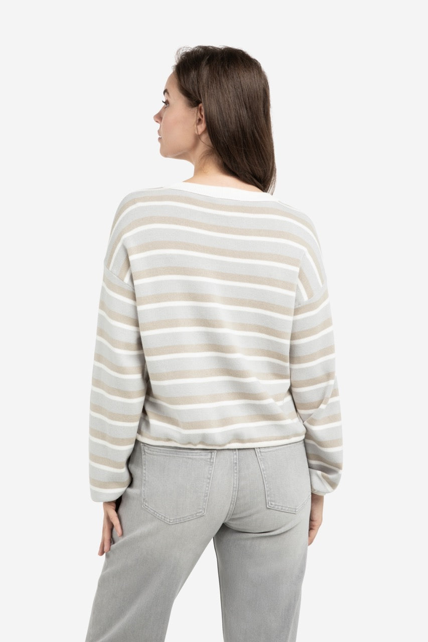 YY – Striped Sweater with Drawstring Hem in Vapor Blue Grey Dessin