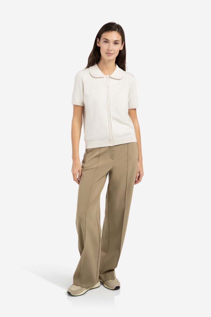 Woven Trousers – Wide Legs & Stitched Details in Khaki Green