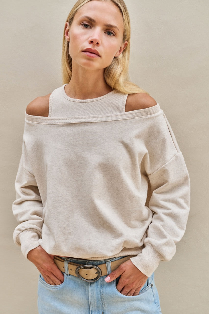 Oversized Sweatshirt with Layered Neckline – Ecru Melange | YAYA