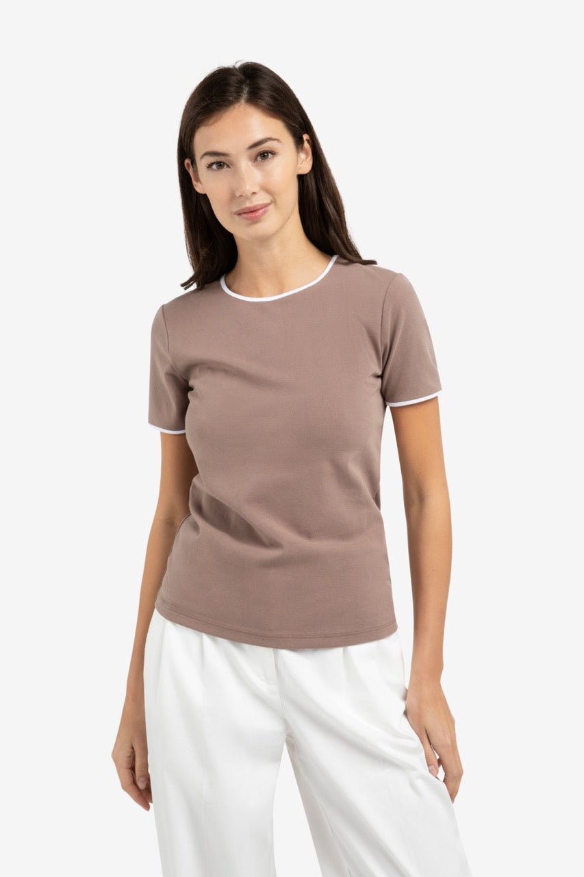 Contrast Trim T-Shirt – Deep Taupe Brown | YAYA