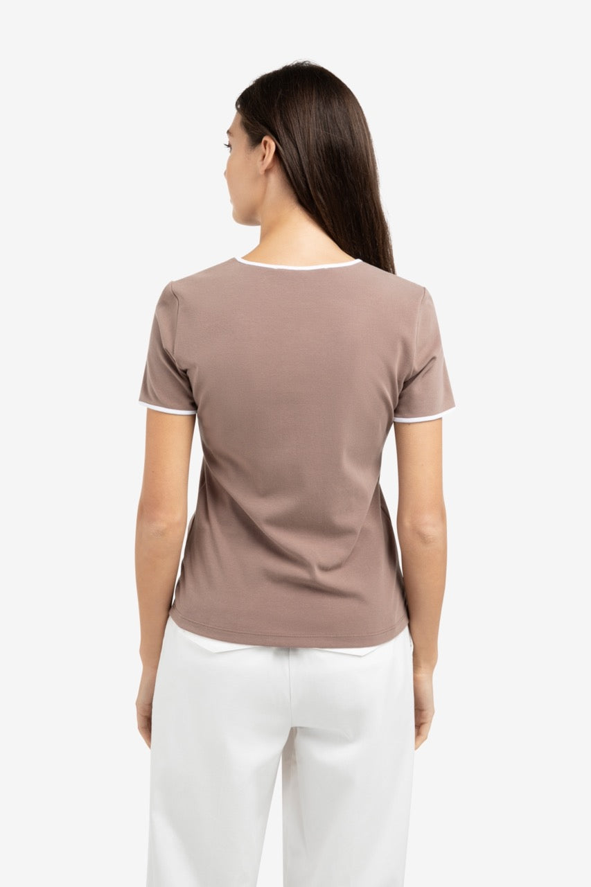 Contrast Trim T-Shirt – Deep Taupe Brown | YAYA