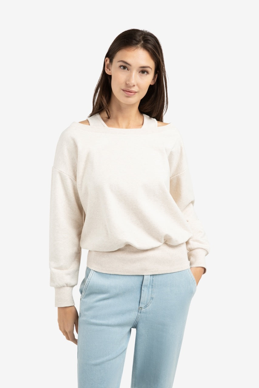 Oversized Sweatshirt with Layered Neckline – Ecru Melange | YAYA