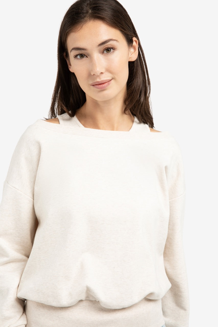 Oversized Sweatshirt with Layered Neckline – Ecru Melange | YAYA