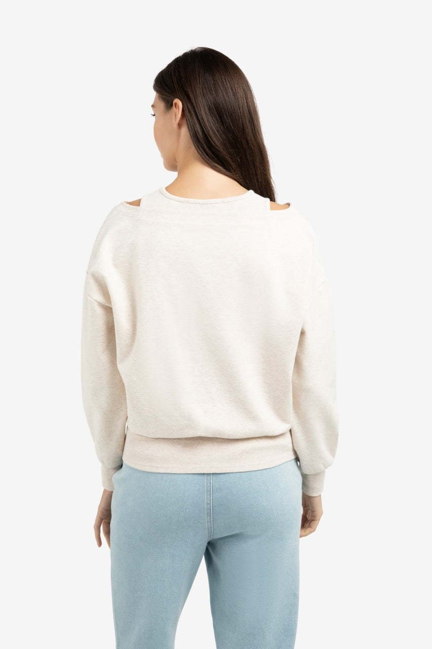 Oversized Sweatshirt with Layered Neckline – Ecru Melange | YAYA