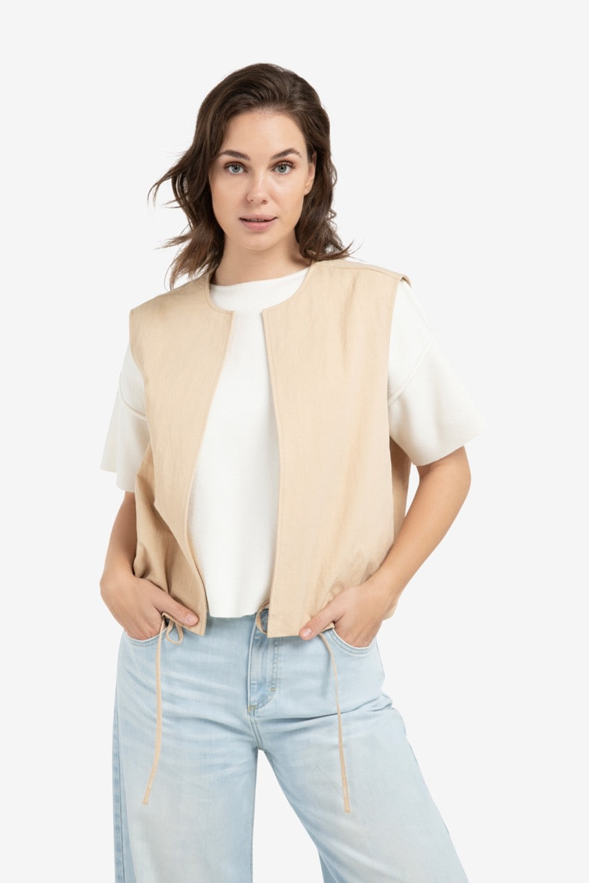 Desert Beige Drawstring Sleeveless Jacket – YAYA