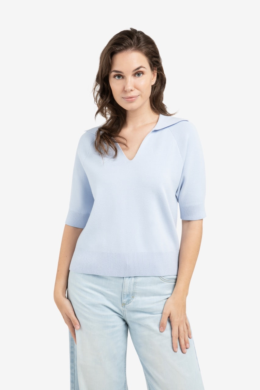 V-Neck Knitted Sweater with Collar – Gray Lilac | YAYA