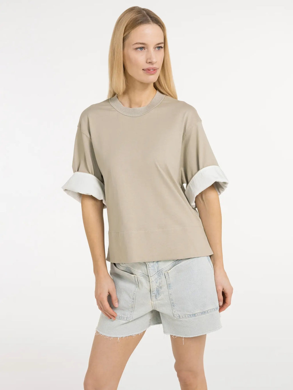 Jersey top with ribbed neckline and woven details – YAYA