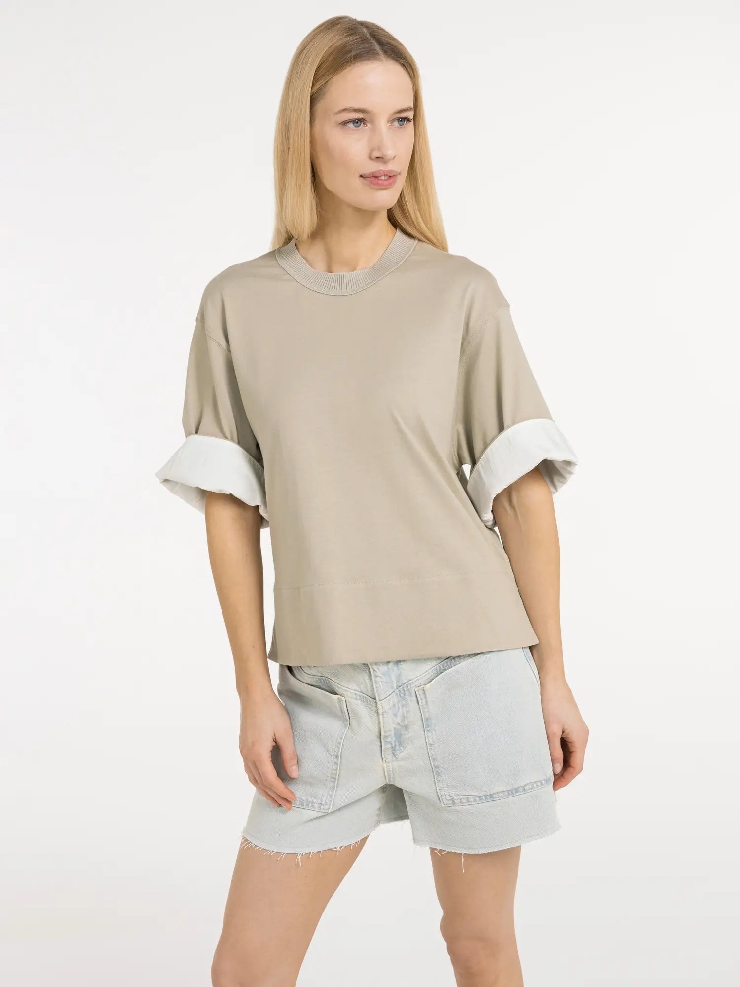 Jersey top with ribbed neckline and woven details – YAYA