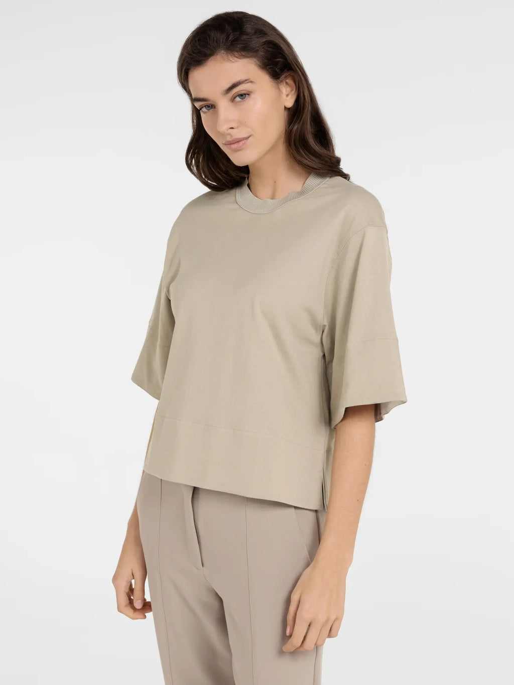 Jersey top with ribbed neckline and woven details – YAYA