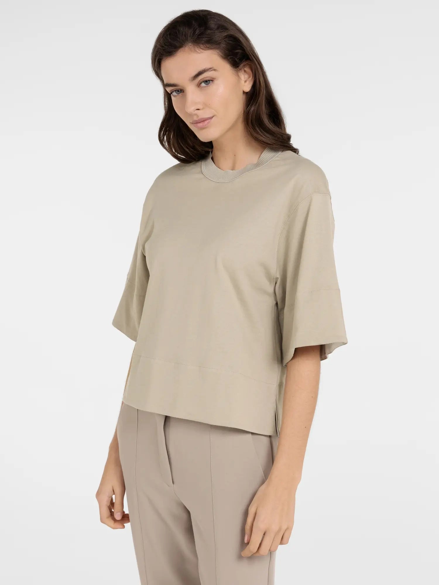Jersey top with ribbed neckline and woven details – YAYA