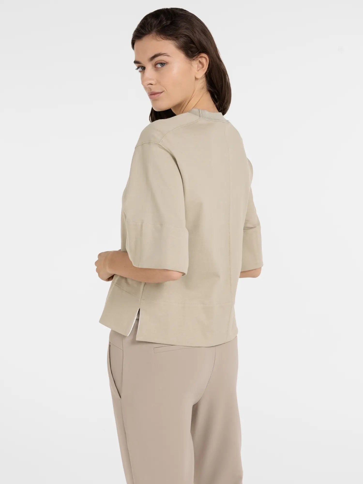 Jersey top with ribbed neckline and woven details – YAYA