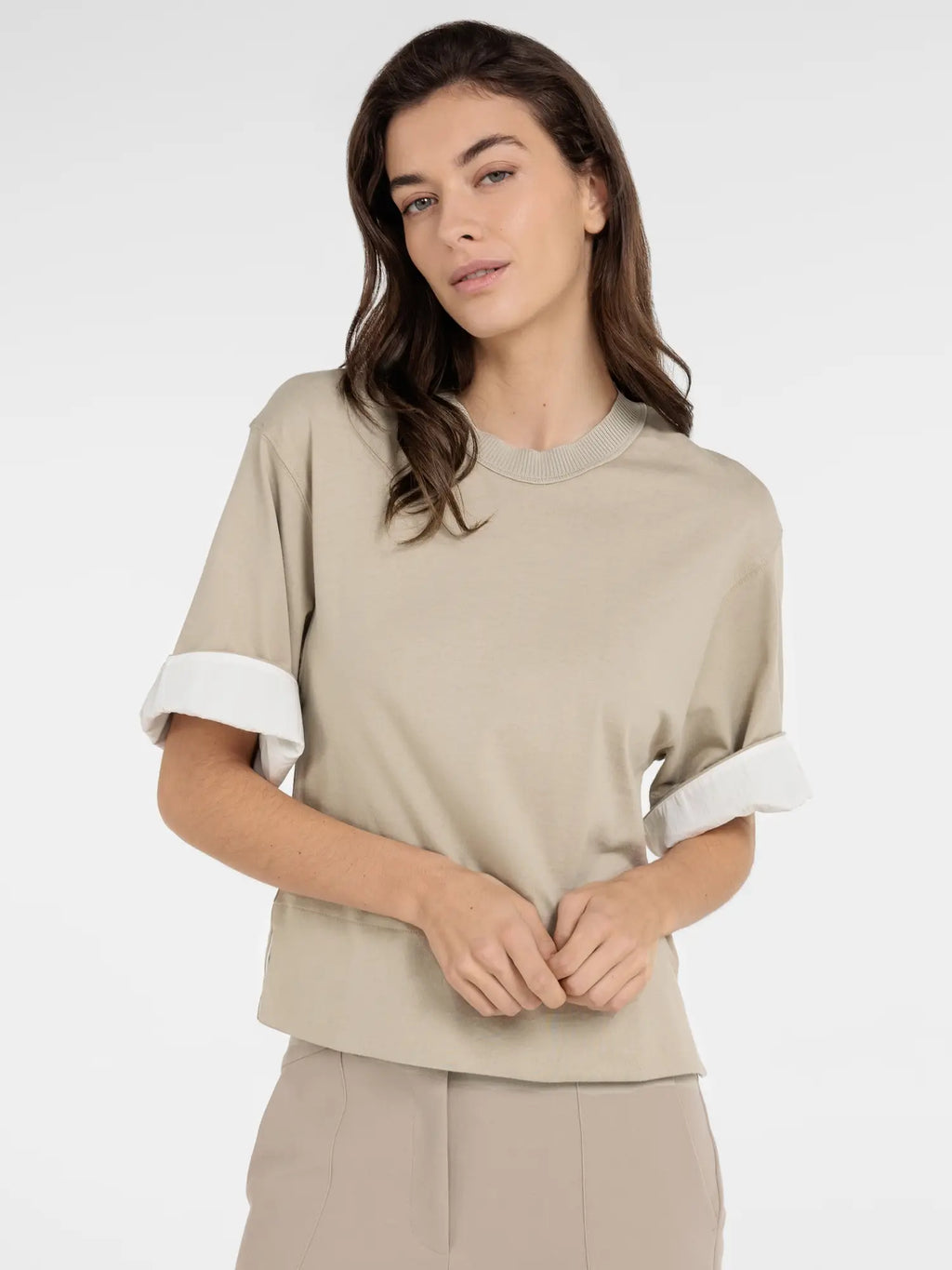 Jersey top with ribbed neckline and woven details – YAYA