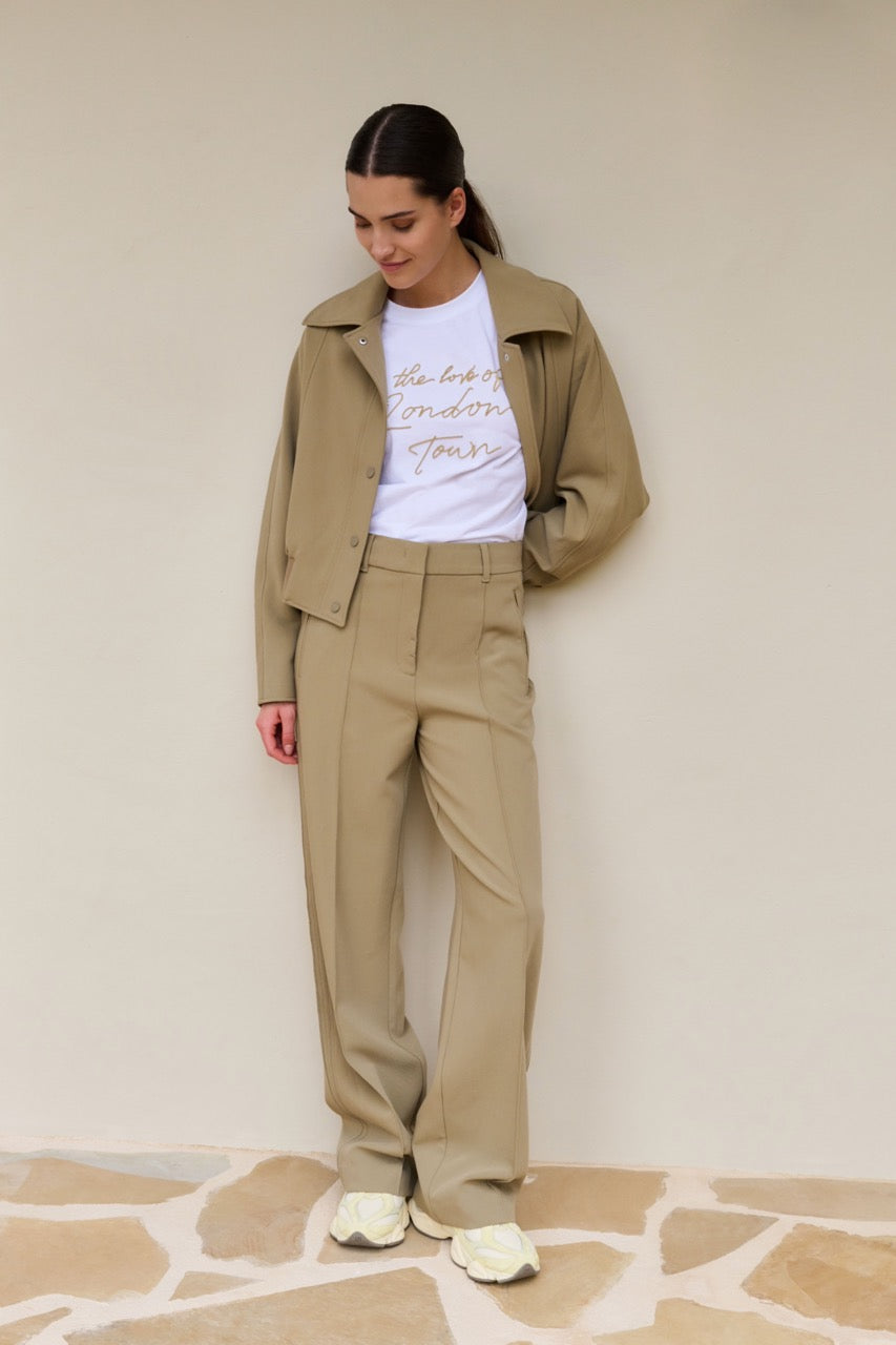 Woven Trousers – Wide Legs & Stitched Details in Khaki Green