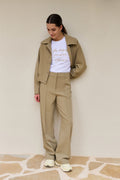 Woven Trousers – Wide Legs & Stitched Details in Khaki Green