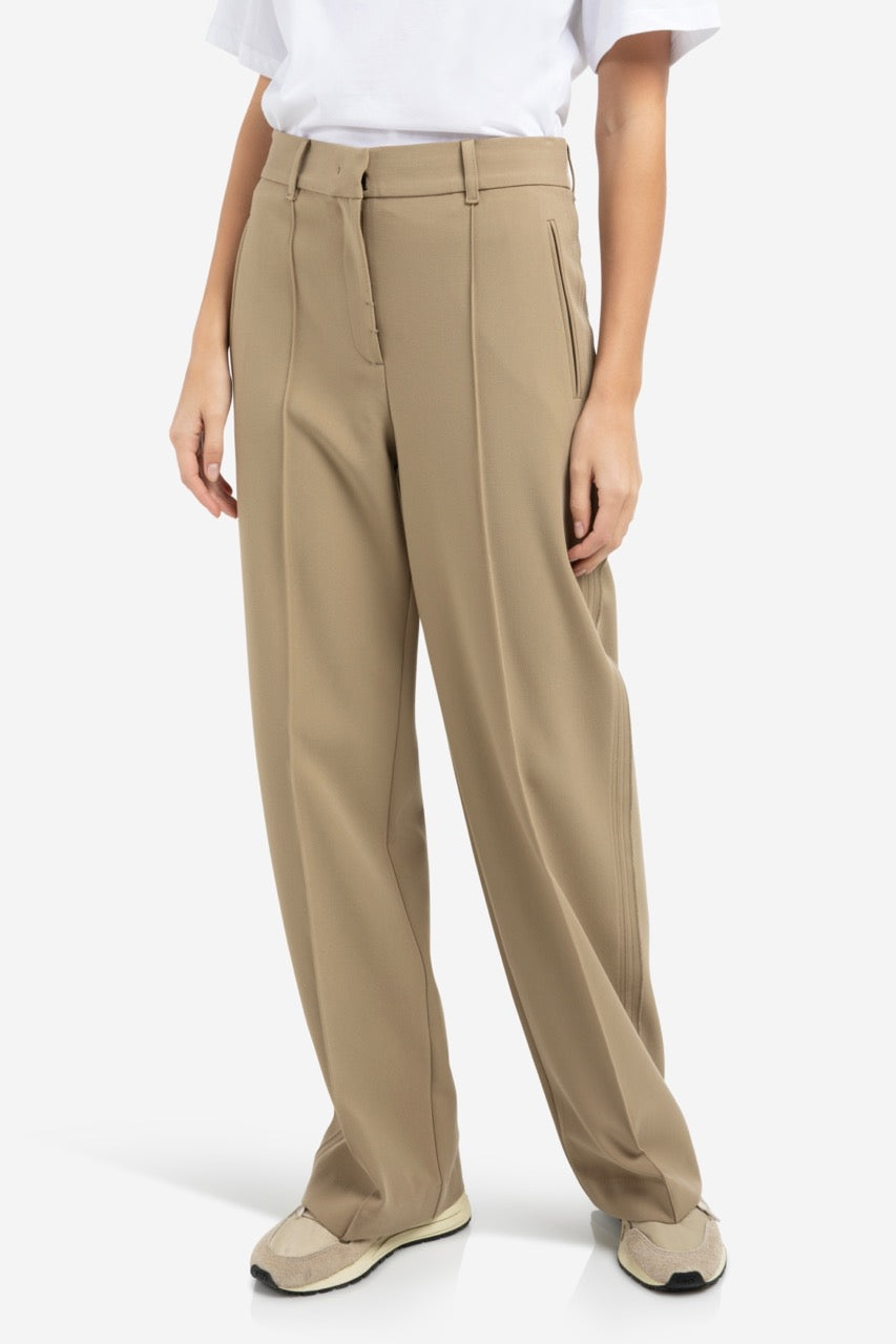 Woven Trousers – Wide Legs & Stitched Details in Khaki Green