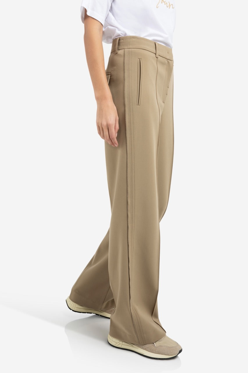 Woven Trousers – Wide Legs & Stitched Details in Khaki Green