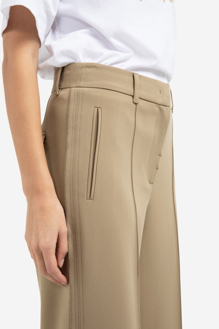 Woven Trousers – Wide Legs & Stitched Details in Khaki Green