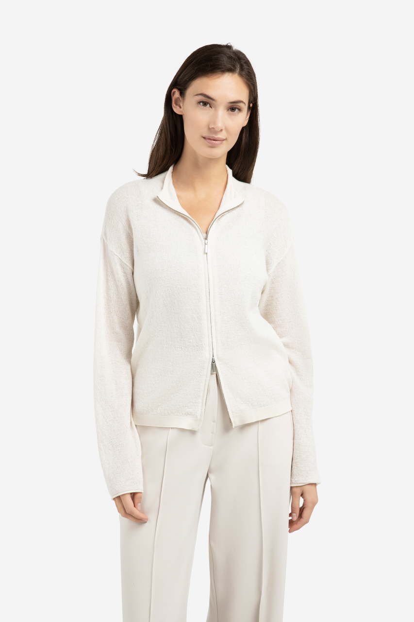 YA – Knitted Cardigan with High Neck and Zipper in Kit Beige