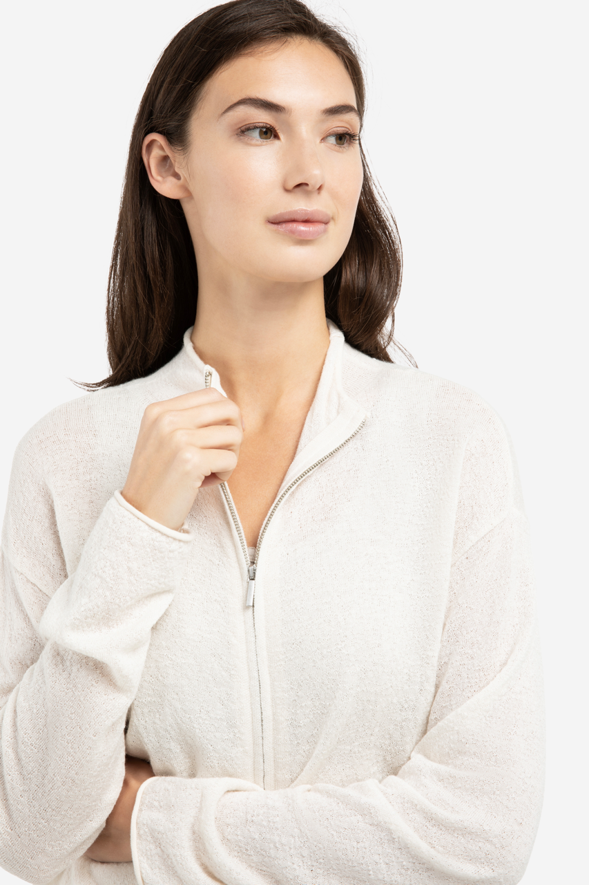 YA – Knitted Cardigan with High Neck and Zipper in Kit Beige